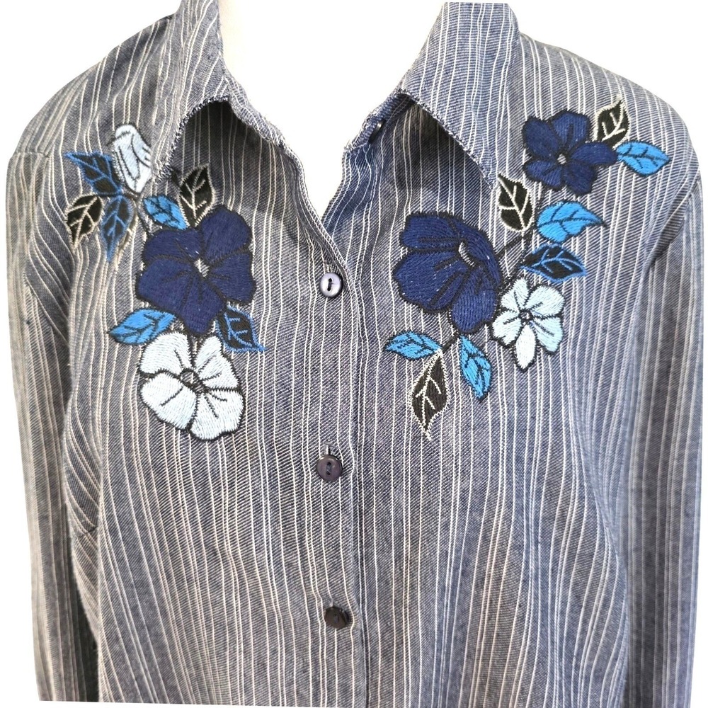 Vtg Unique Spectrum XL Blue White Striped Floral Embroidered Blouse Shirt Boho